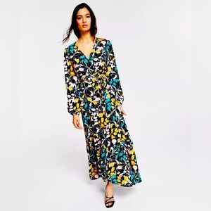 NEW BAR III Maxi Black Floral Pink Yellow Wrap Tie V-Neck Dress PM